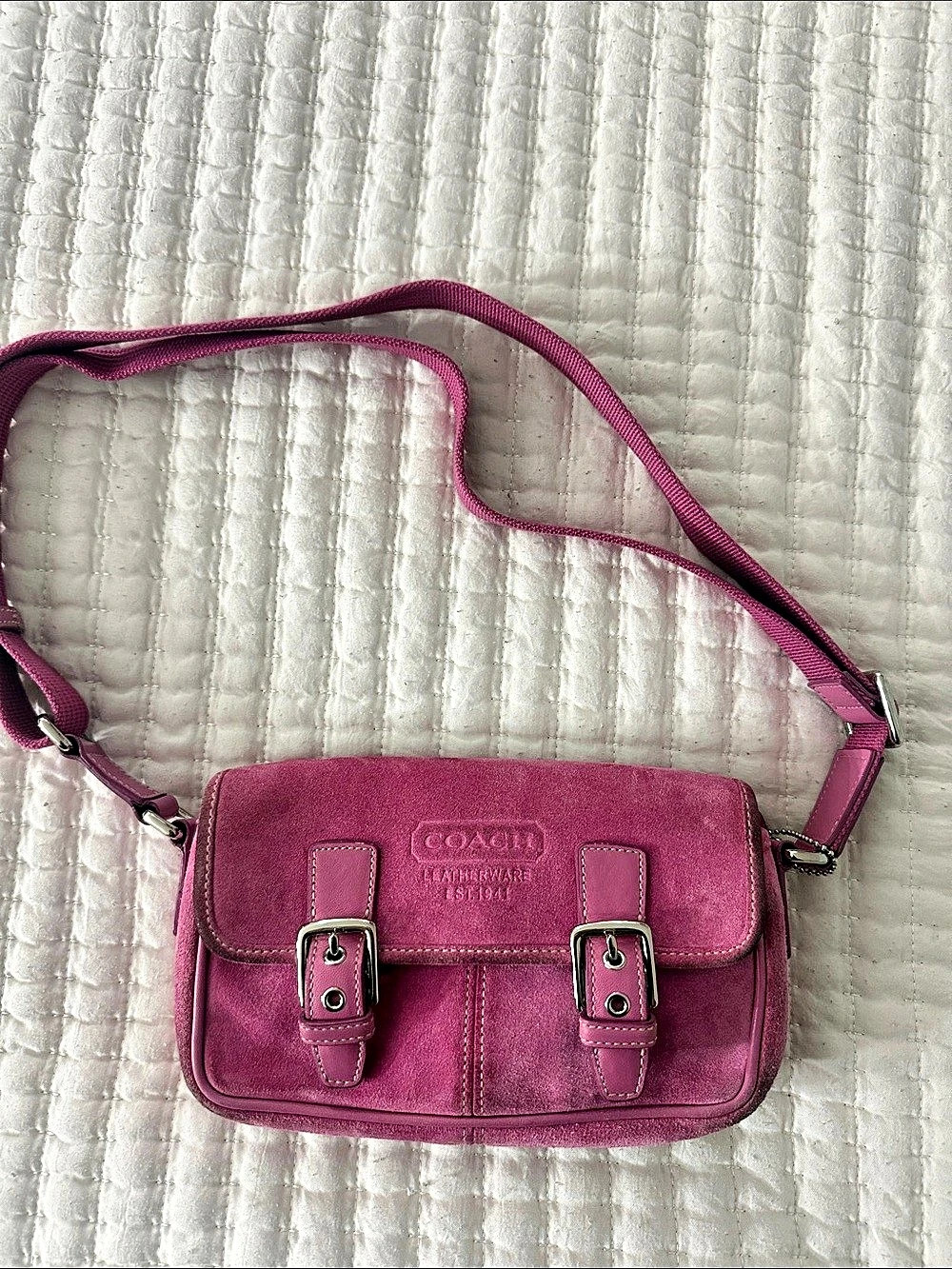 Coach Buckle Flap Shoulder/cross body Bag Pink suede Y2K